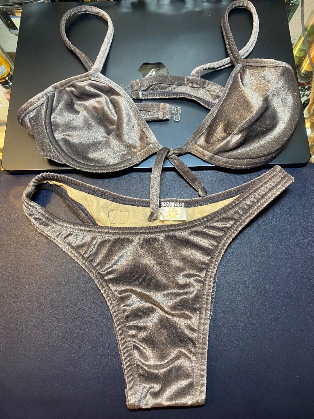 NWOT Made in Brazil Metallic Taupe Velour High Cut Brazilian Bikini Set G S / XS